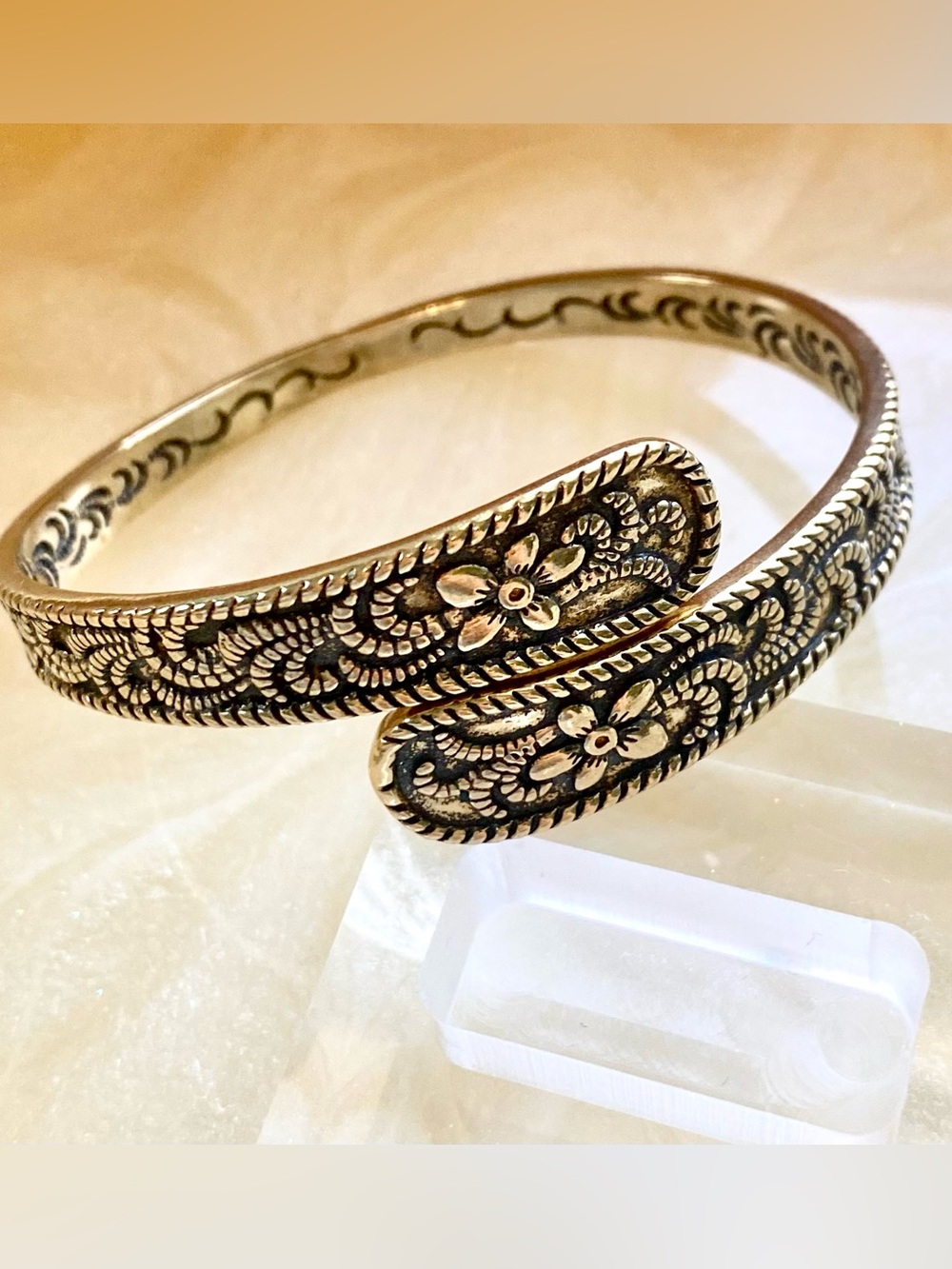 Floral Engraved Open Cuff Bracelet - Gold Tone